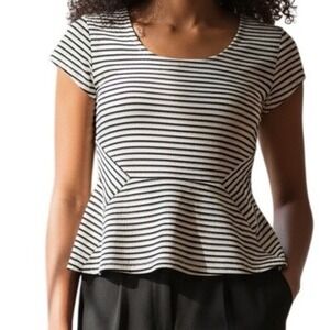 WHITE HOUSE BLACK MARKET Striped Peplum Top Scoop Neck Cap Sleeve EUC Size 4